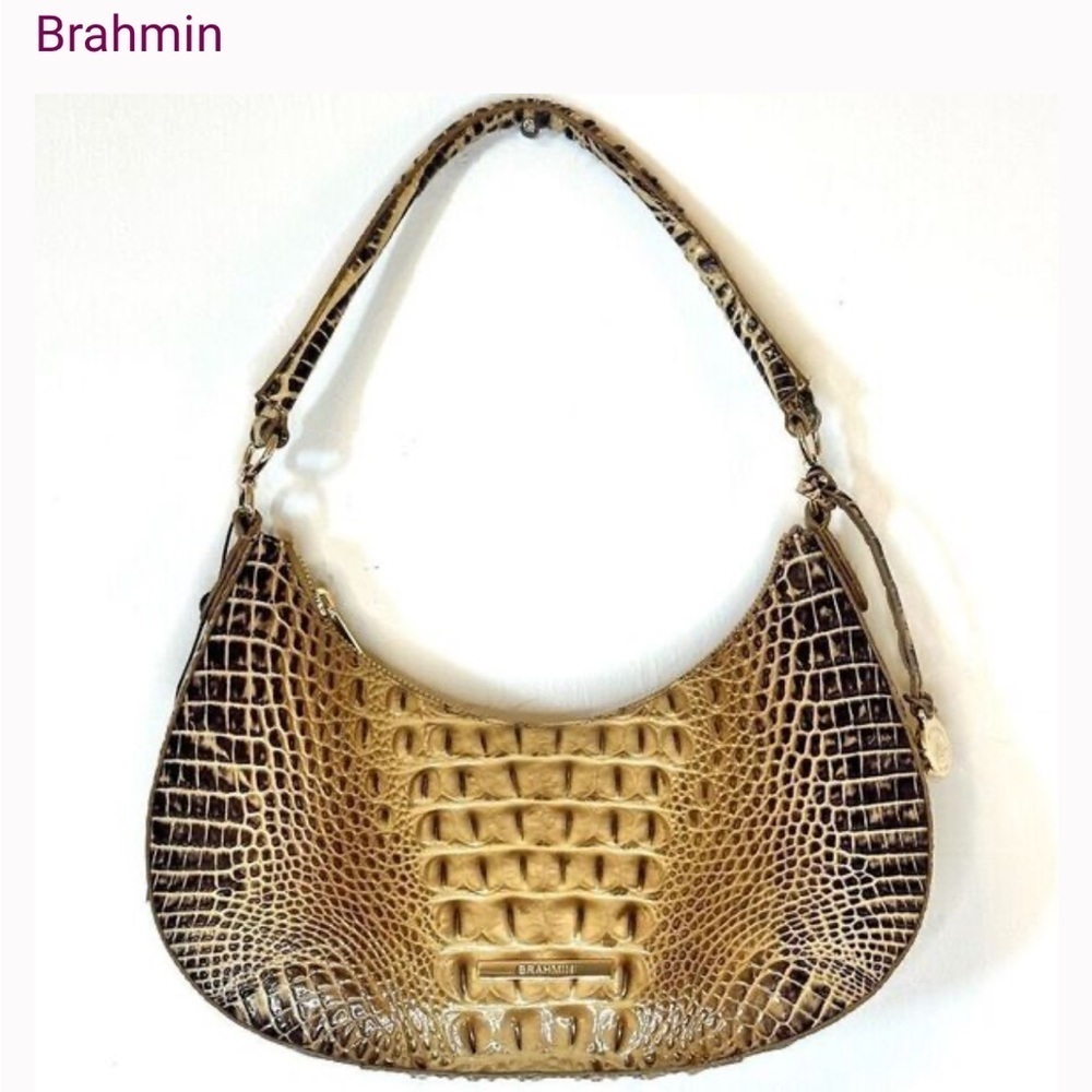 Brahmin Croc Embossed Leather Hobo Bag Pastry Ombre Brown Tan